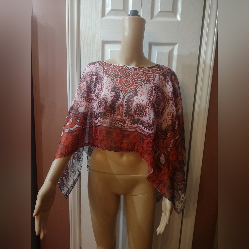 Energe women's size medium poncho shawl wrap sheer red and white